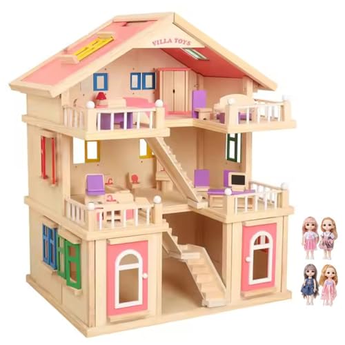 LANGWEI Puppenhaus Aus Holz, Großes Dreistöckiges DIY-Schloss-Puppenhaus Mit 4 Puppen, Mini-Hausbausatz, Montessori-Spielzeug Kinder Ab 3 Jahren von LANGWEI