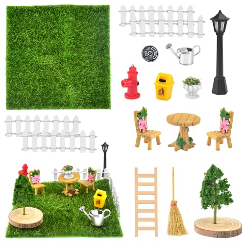 LANSKYLAN 17Pcs Miniatur Garten Zubehör Set Miniatur Kunstrasen mit Zaun Feentür Zubehör Outdoor Gartengeräte Miniaturgarten Miniatur Gartengeräte Deko mit Miniatur Kunstrasen Zaun Treppe Baum Besen von LANSKYLAN