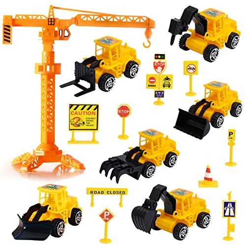 LAPONO 16*Mini Baustelle Spielzeug Set Bagger Spielzeug Spielzeugauto Spielzeug Kran Baustellenfahrzeuge Kinder Baustellenfahrzeug Spiele Fahrzeuge Verkehrsschilder Kinder Tortendeko Geburtstag Junge von LAPONO