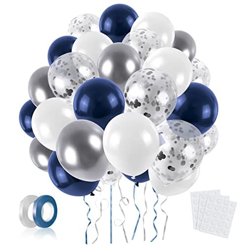 Luftballons Blau 60pcs Weiß Metallic Silberner Blau Geburtstag Konfetti Pailletten Ballons Girlande Langlebige Premium Naturlatex Helium Ballon Set für Jungen und Mädchen Babyparty Hochzeit Party Deko von LAPONO