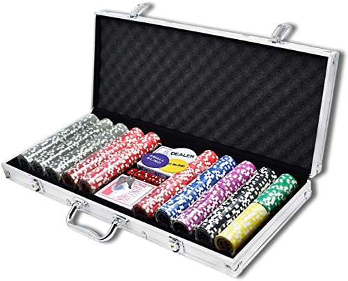 LARS360 Pokerkoffer mit 500 Laser Pokerchips, 11,5g Abschließbar Pokerkarten Zubehör Deluxe Pokerset, Casino Chipszahl, 55,5x20,5x6,4cm, Silber von LARS360