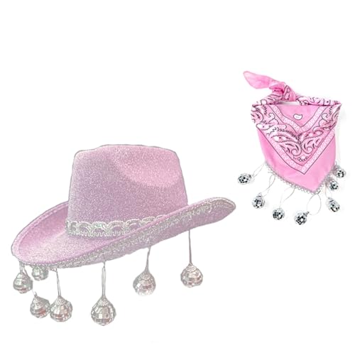 LARUISEE Cowboyhut und bedrucktes Bandana-Set, Glitzer-Cowgirl-Hut, Cowboyhut, Cowgirl-Kostüm für Erwachsene, Damen, Halloween-Kostüm, Cowboyhut mit Cowboy-Bandana von LARUISEE