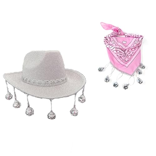 LARUISEE Cowboyhut und bedrucktes Bandana-Set, Glitzer-Cowgirl-Hut, Cowboyhut, Cowgirl-Kostüm für Erwachsene, Damen, Halloween-Kostüm, Cowboyhut mit Cowboy-Bandana von LARUISEE