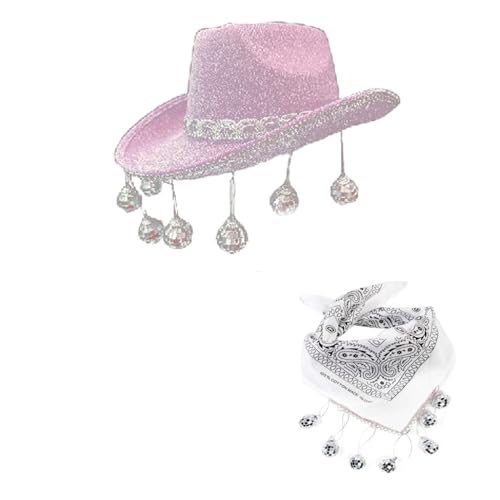 LARUISEE Cowboyhut und bedrucktes Bandana-Set, Glitzer-Cowgirl-Hut, Cowboyhut, Cowgirl-Kostüm für Erwachsene, Damen, Halloween-Kostüm, Cowboyhut mit Cowboy-Bandana von LARUISEE