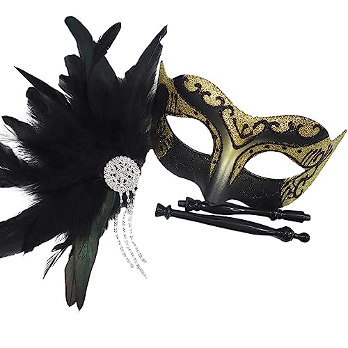 LARUISEE Feathers Maskerade Maske Halloween Ball Maske Weihnachten für Paare Frauen Karneval Masken mit Stick Maskerade Maske für Paare Frauen und Männer mit Federn von LARUISEE