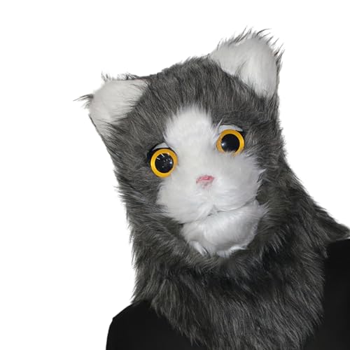 LARUISEE Realistische bewegliche Mund Katze Maske Mouth Mover Tiermaske Halloween Party Cosplay Kostüm Tier Vollkopfmaske Unisex Bewegliche Mund Katze Maske von LARUISEE