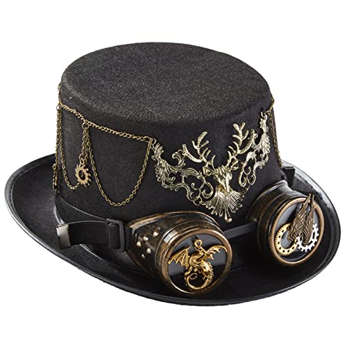 LARUISEE Vintage Gear Chain Goggles Hirsch für Kopf Zylinder Hut Schwarz Hut Steampunk Hut Performance Hut für Karneval Mottoparty Hut von LARUISEE