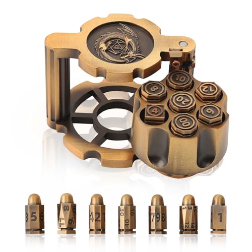 Bullet Dice Set von 7 mit drehbarem Revolverbehälter für DND-Tischspiele, Metall-Kugelwürfel, polyedrisches Würfel-Set, Gold von LASIEYO