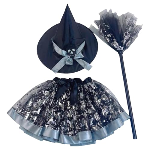 LATAFA Halloween-Hexen-Tutu-Outfit – 3-teiliges Set für Mädchen, Halloween-Hexen-Tutu-Rock mit Hexenhut und Besen | Entzückendes und bequemes Cosplay-Kostüm für 2–8-Jährige, Halloween-TuTu-Rock-Anzug von LATAFA