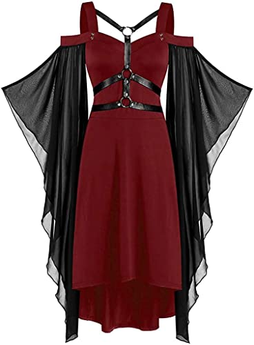 LATH.PIN Halloween Kleid Damen Mittelalter Kleidung Renaissance Partykleid Gothic Kleider Fledermausärmel Schulterfrei Vintage Schwarz Hexenkleid Vampir Verbandkleid für Cosplay von LATH.PIN