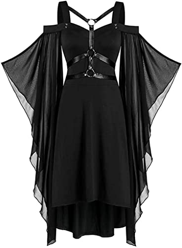 LATH.PIN Halloween Kleid Damen Mittelalter Kleidung Renaissance Partykleid Gothic Kleider Fledermausärmel Schulterfrei Vintage Schwarz Hexenkleid Vampir Verbandkleid für Cosplay von LATH.PIN