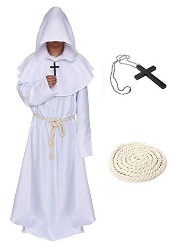 LATH.PIN Mönch Robe Prister Gewand - Mönchskutte Mittelalter Hooded Renaissance Priester Robe Halloween Cosplay (Weiß, L) von LATH.PIN