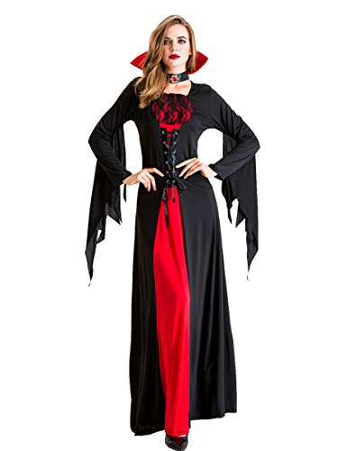 LATH.PIN Vampirkleid Damen Cosplay Kostüm Mittelalter Rot-Schwarzem Maxikleid Mit Schmuckstein Stehkragen Und Taillenschnüre Für Erwachsener Halloween Karneval Party Nachtclub Masquerade (L) von LATH.PIN