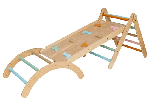 LATRANS 3er Set Kletterdreieck mit Rutsche und Kletterbogen - Indoor-Klettergerüst für Kleinkinder ab 1 Jahr - Pikler-inspiriertes Kletterspielzeug (Pastell) von LATRANS