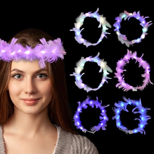 LED Federkranz Stirnband, 6 Pcs Leuchtender Haarkranz Feder, LED Blumenkranz Haare, LED-Feder-Stirnbänder, Leuchtendes Haarrei, Lichterkette mit Federn, Party-Haarschmuck Für Frauen und Mädchen von LATTCURE