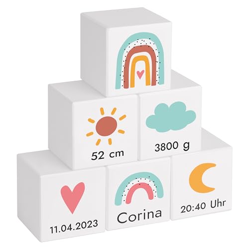 LAUBLUST Holzwürfel Baby Personalisiert mit Namen - Holzspielzeug mit Gravur - 6er Würfel Set - Regenbogen | 50x50x50mm groß, Holz, Weiß - für Kinder ab 1 Jahr | Personalisiertes Geschenk zur Geburt von LAUBLUST