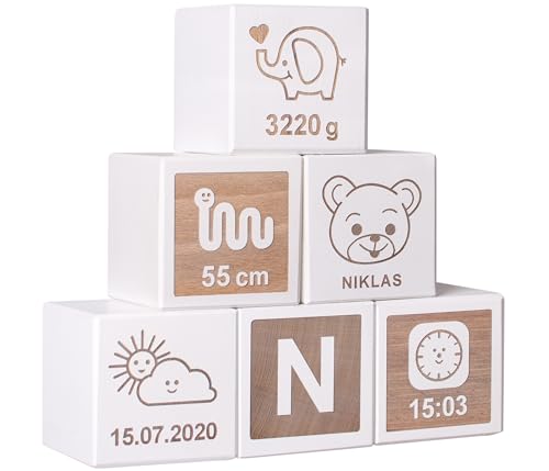 LAUBLUST Holzwürfel Baby Personalisiert mit Namen - Holzspielzeug mit Gravur - 6er Würfel Set - Teddybär | 50x50x50mm groß, Holz, Weiß - für Kinder ab 1 Jahr | Graviertes Geschenk zur Geburt & Taufe von LAUBLUST