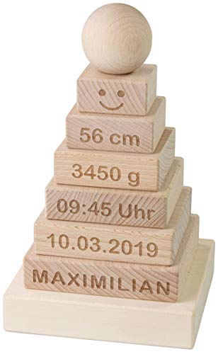 LAUBLUST Stapelturm Personalisiert mit Wunsch-Gravur - Motorikspielzeug für Kinder - Natur, Holz, ca. 11 x 11 x 19 cm von LAUBLUST