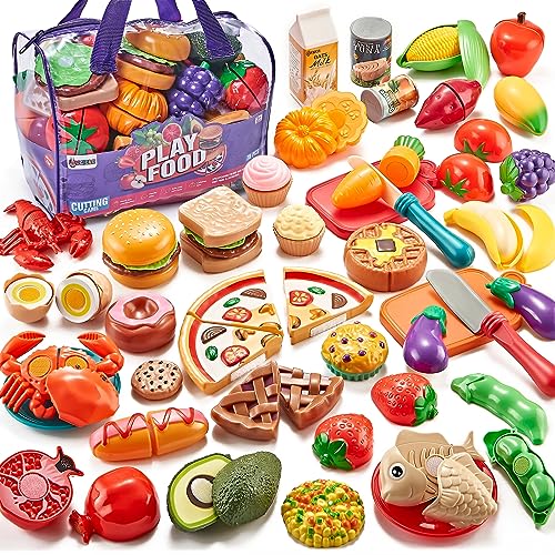 Laugigle Pretend Play Food für Kinder Küche, 78-teiliges Spielfutter-Set für Kinderküche mit Lagerung Tasche, gefälschte Lebensmittel mit Pizza Spielzeug, kinderküche zubehör, Jungen Mädchen Geschenk von LAUGIGLE