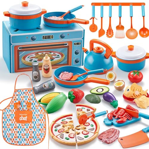 Laugigle Spielküchenzubehör – 46-teiliges Kinderküchen-Spielset mit Kindertöpfen und -pfannen, Spielset, Pizza-Spielzeug, Kochutensilien-Spielzeug, Schürze, Geschenk für Jungen und Mädchen von LAUGIGLE