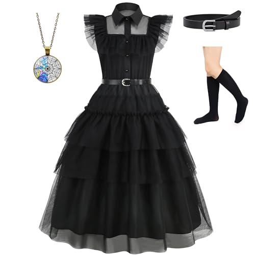 LAUPHIE - Schwarzes Addams-Kostüm für Mädchen, Familienkostüm, Halloween-Kostüm, Cosplay-Partykleid, 4-13 Jahre von LAUPHIE