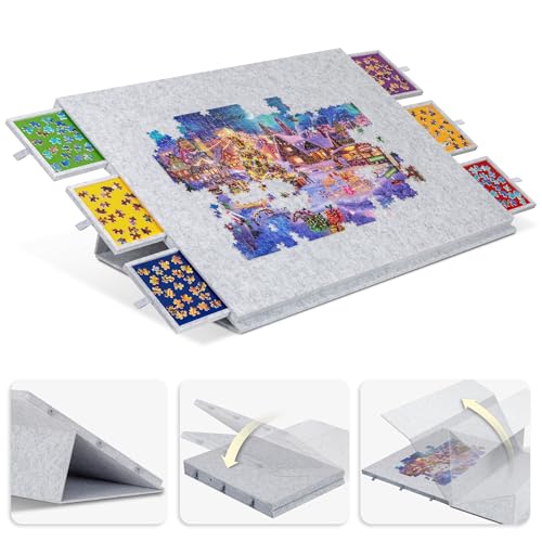 Lavievert Faltbares Puzzlebrett mit 2-in-1 Design Ständer und Deckel, kippbarer Puzzletisch mit 6 Schubladen, leichte Filzpuzzle-Plattform, tragbare Puzzle-Aufbewahrung für 2000 Teile - Hellgrau von LAVIEVERT