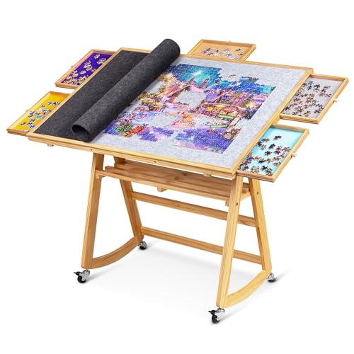 Lavievert 1500 Stück Kipp-Puzzle-Tabelle mit 5 farbigen Schubladen & Abdeckung, einstellbare hölzerne Puzzle-Board mit Lagerung für Erwachsene, tragbare Puzzle-Tabelle mit Beinen, 4 Räder & Anti-Rutsc von LAVIEVERT