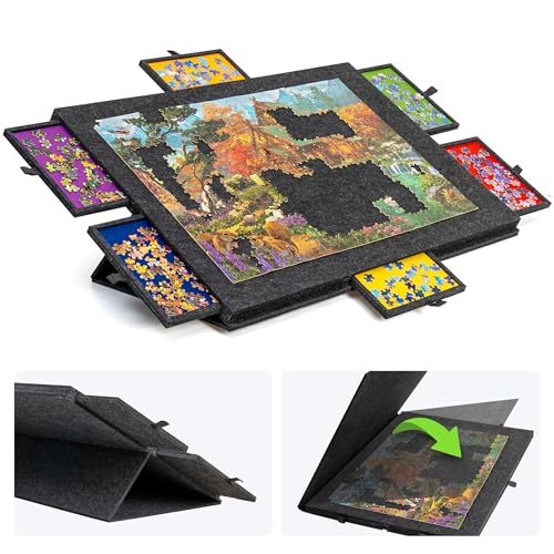 Lavievert 1500 Teile geneigtes Puzzlebrett mit 2-in-1 Design Ständer und Abdeckung und 6 Schubladen Leichter Puzzleplattform, tragbarer Puzzletisch für Erwachsene mit Filz-Puzzleablage - Dunkelgrau von LAVIEVERT