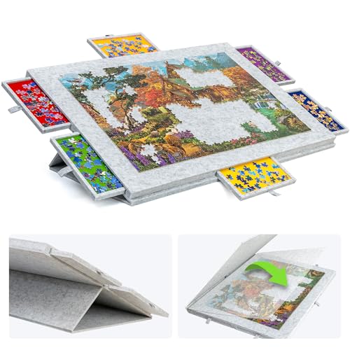 Lavievert 1500 Teile geneigtes Puzzlebrett mit 2-in-1 Design Ständer und Abdeckung und 6 Schubladen leichte Puzzle-Plattform, tragbarer Puzzletisch für Erwachsene mit Filz-Puzzle-Schutz - Hellgrau von LAVIEVERT