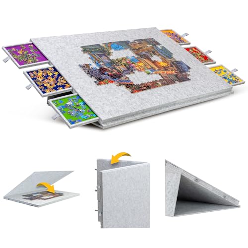 Lavievert 2000-teiliges neigbares Puzzlebrett mit 2-in-1-Ständer und Abdeckung, leichtes Filz-Puzzle-Plateau mit 6 farbigen Schubladen, faltbarer und tragbarer Puzzle-Tisch für Erwachsene, Hellgrau von LAVIEVERT