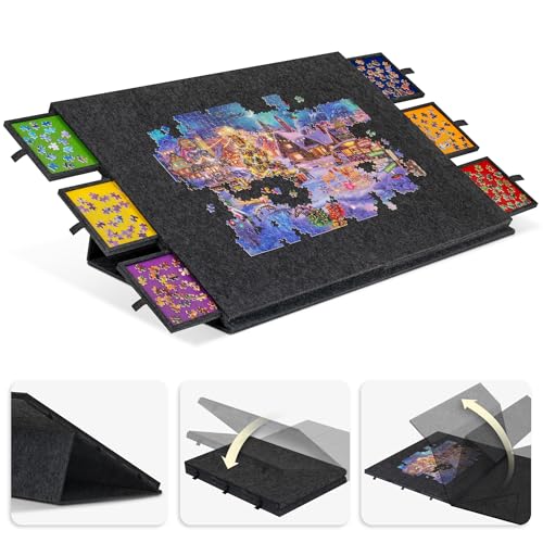 Lavievert Zusammenklappbares Puzzlebrett mit 2-in-1 Design Ständer und Deckel, Kippbarer Puzzletisch mit 6 Schubladen, Leichte Filz-Puzzle-Plattform, Tragbare Puzzle-Aufbewahrung für 2000 Teile - Dunk von LAVIEVERT