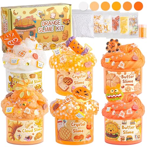 6 Packungen Orange Schleim mit Farbverlauf - Wolkenschleim, Butter Schleim & Clear Schleim, Schleim für Kinder mit Verschiedenen Schleimzusätzen, Schleim-Partygeschenke für Mädchen und Jungen(Dessert) von LAWOHO