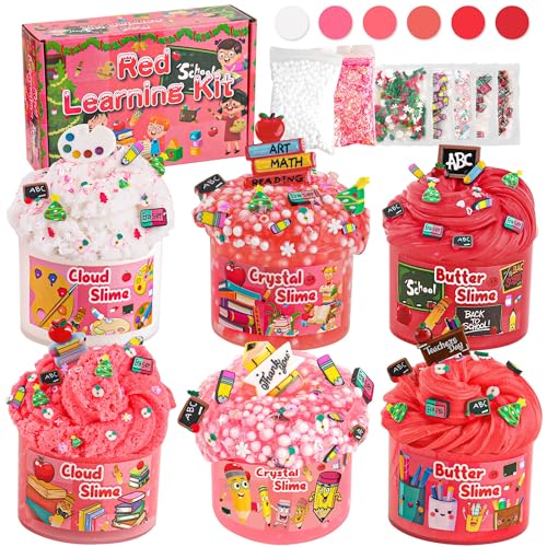 6er Pack Klassenzimmer Rot Schleim Kit - Cloud Slime, Butter Slime und Clear Slime, Crunchy Slime für Kinder mit 8 Slime Add-ins, Back to School Slime Party Favours, Weihnachten für Mädchen und Jungen von LAWOHO