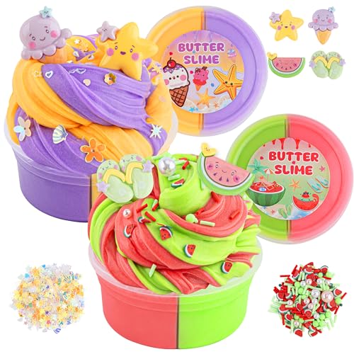 LAWOHO Butter Slime Set enthält 2X120ml zweifarbige Butter Schleim mit 6 Packungen Slime Add-Ins, Fluffy Slime für Kinder Party Favors, Schleim Kinder Set für Mädchen Jungen im Alter von 8-12 (Beach) von LAWOHO