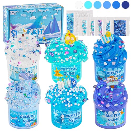 LAWOHO 6 Stück Farbverlauf Blau Slime Set enthält Fluffy Cloud Wolkenschleim, Clear Slime & Butter Schleim, Schleim Kinder Party Geschenk, Geburtstag Weihnachten Geschenk für Mädchen & Jungen(Ozeane) von LAWOHO