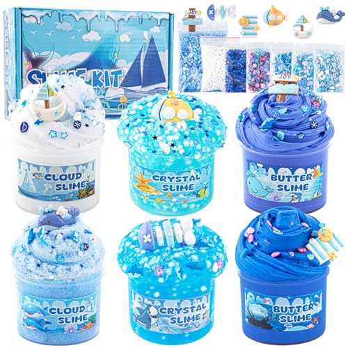 LAWOHO 6 Stück Farbverlauf Blau Slime Set enthält Fluffy Cloud Wolkenschleim, Clear Slime & Butter Schleim, Schleim Kinder Party Geschenk, Geburtstag Weihnachten Geschenk für Mädchen & Jungen(Ozeane) von LAWOHO