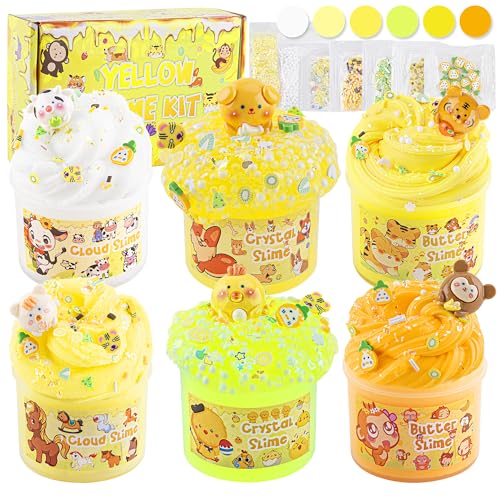 LAWOHO 6 Stück Farbverlauf Gelb Slime Set - Fluffy Cloud Wolkenschleim, Butter Schleim & Clear Slime, Kinder Crunchy Slime, Geburtstag Halloween Weihnachten Geschenk für Mädchen & Jungen (Wildtiere) von LAWOHO