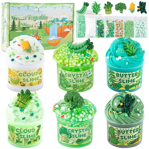 LAWOHO 6 Stück Farbverlauf Grünem Slime Set enthält Fluffy Cloud Wolkenschleim, Clear Slime & Butter Schleim, Schleim Kinder Party Geschenk, Geburtstag Weihnachten Geschenk für Mädchen, Jungen(Gemüse) von LAWOHO