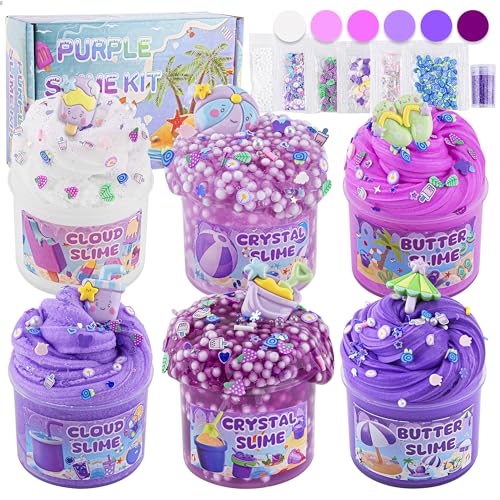 LAWOHO 6 Stück Farbverlauf Lila Slime Set - Fluffy Cloud Wolkenschleim, Butter Schleim & Clear Slime, Crunchy Slime für Kinder, Geburtstag Halloween Weihnachten Geschenk für Mädchen & Jungen (Strand) von LAWOHO