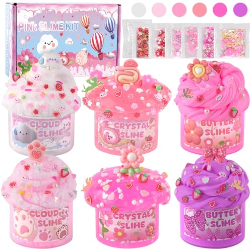 LAWOHO 6 Stück Farbverlauf Rosa Slime Set enthält Fluffy Cloud Wolkenschleim, Clear Slime & Butter Schleim, Schleim Kinder Party Geschenk, Geburtstag Weihnachten Geschenk für Mädchen, Jungen(Picknick) von LAWOHO