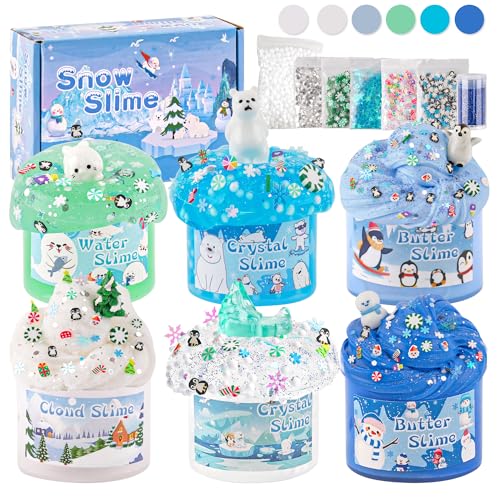 LAWOHO 6er-Pack Schnee Slime Set – Fluffy Cloud Wolkenschleim, Clear Slime & Butter Schleim & Water Slime, Snow Kinder Slime mit Schleim Add-ins, Geburtstag Weihnachten Geschenk für Mädchen & Jungen von LAWOHO