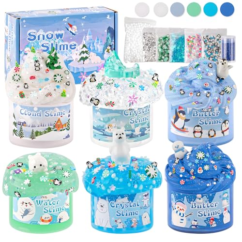 LAWOHO 6er-Pack Schnee Slime Set – Fluffy Cloud Wolkenschleim, Clear Slime & Butter Schleim & Water Slime, Snow Kinder Slime mit Schleim Add-ins, Geburtstag Weihnachten Geschenk für Mädchen & Jungen von LAWOHO