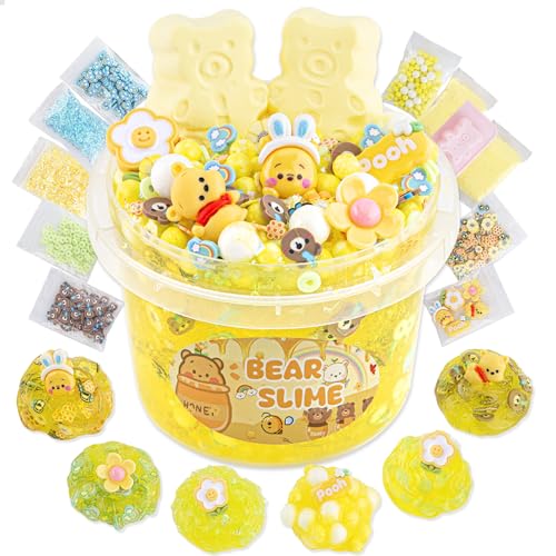 LAWOHO Bär Clear Schleim 300ml, Yellow Clear Slime Set für Mädchen im Alter von 8-12 Jahren mit 9 Slime Add-Ins, Schleim Kinder Party Favors, Slime Spielzeug Geburtstag Halloween Weihnachten Ostern von LAWOHO