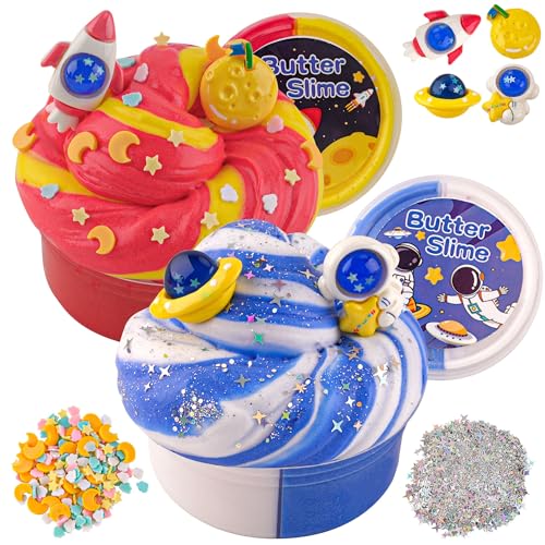 LAWOHO Butter Slime Set -2X120ml Fluffy Butter Schleim mit 6 Packungen Slime Add-Ins, Kinder Schleim Selber Machen Set, Schleim Kinder Set für Mädchen Jungen Halloween Weihnachten Geschenke(Galaxie) von LAWOHO