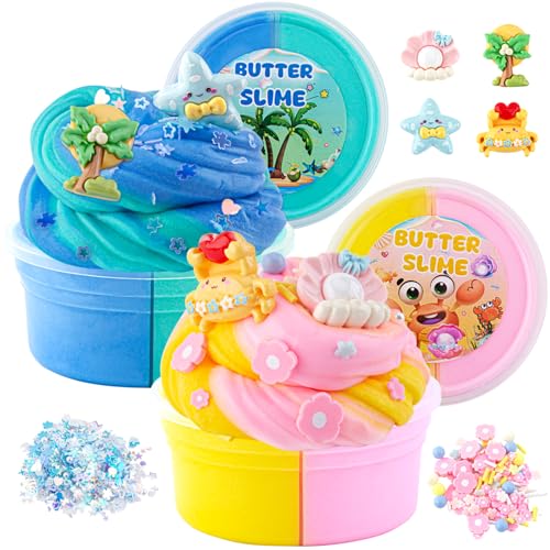 LAWOHO Butter Slime Set enthält 2X120ml zweifarbige Butter Schleim mit 6 Packungen Slime Add-Ins, Fluffy Slime für Kinder Party Favors, Schleim Kinder Set für Mädchen Jungen im Alter von 8-12 (Ozean) von LAWOHO