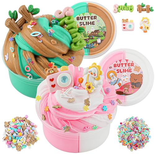 LAWOHO Butter Slime Set enthält 2X120ml zweifarbige Butter Schleim mit 6 Packungen Slime Add-Ins, Fluffy Slime für Kinder Party Favors, Schleim Kinder Set für Mädchen Jungen im Alter von 8-12 (Garten) von LAWOHO