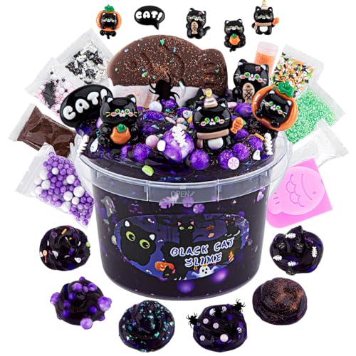 LAWOHO Schwarze Katze Clear Schleim 300ml, Dunkel Lila Clear Slime Set für 8-12 Jahre Mädchen mit 9 Slime Add-Ins, Schleim Kinder Party Favors Schleim Spielzeug Geburtstag Halloween Weihnachten Ostern von LAWOHO