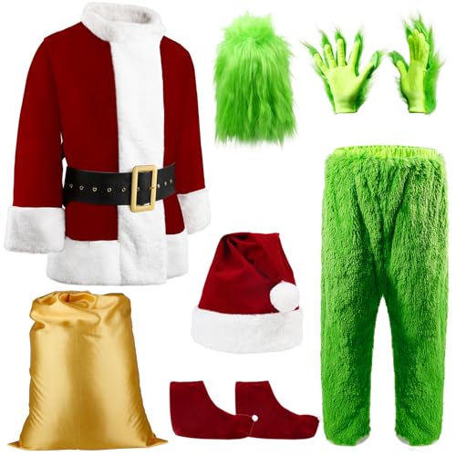 LAurth Weihnachtskostüm für Herren und Erwachsene, grünes Halloween-Kostüm, 8-teilig, Deluxe-Weihnachtsmann-Anzug, pelzig, Cosplay, Outfit, Halloween, Urlaub, lustiges Weihnachtsmann-Kostüm mit Maske von LAurth