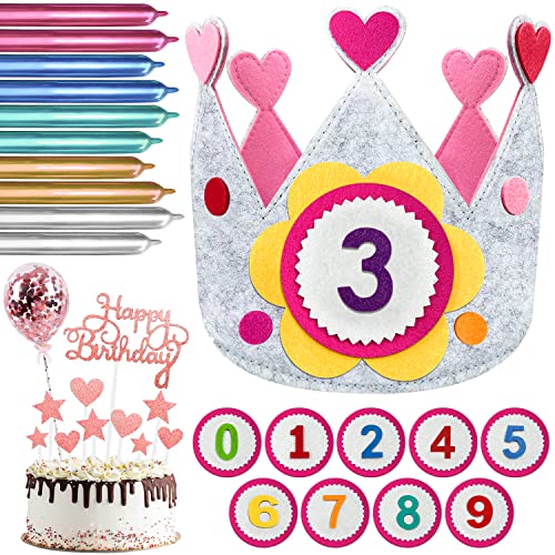 LBING Geburtstagskrone Kinder Rosa Geburtstagskrone Stoff Unisex Kinderkrone Krone Geburtstag mit Auswechselbaren den Zahlen 0-9 mit 10PCS Modellierung Ballons von LBING