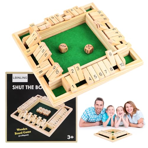 Shut The Box Spiel, 4-Spieler Würfelspiel aus Holz, Klassisch Mathematik Holzspiele, Klappbrett Spiel, Traditional Pub Board Würfelspiele Reisen Great Family Brettspiele Urlaub unterhaltsames Spiel von LBINYLING